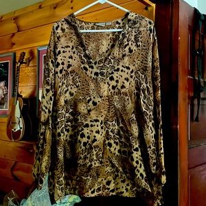 100% silk leopard print top. Hood in back. Size L-XL. Worn once.